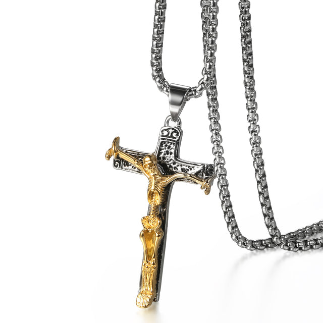 Mens Vintage Silver 14k Gold Over Stainless Steel Hip Hop Skull Cross Pendant Chain Necklace