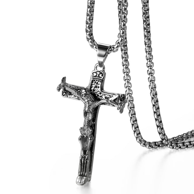 Mens Vintage Silver 14k Gold Over Stainless Steel Hip Hop Skull Cross Pendant Chain Necklace