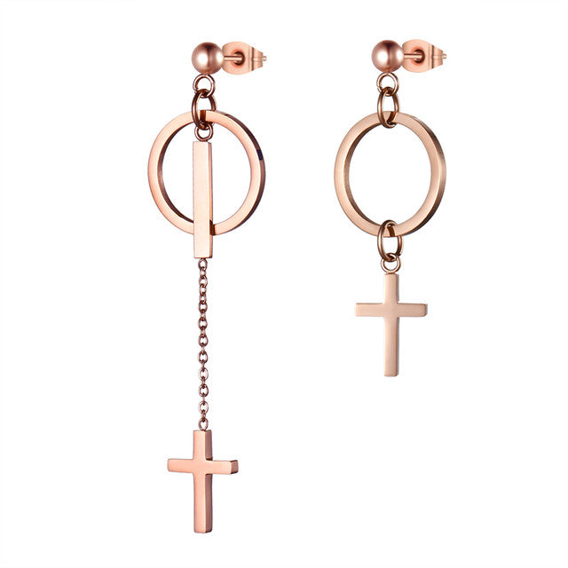Ladies No Fade Stainless Steel Cross Circle Dangling Earrings