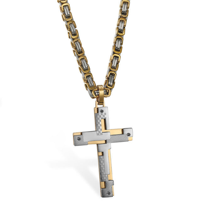 No Fade Black Gold Silver Stainless Steel Hip Hop Cross Pendant Chain Necklace