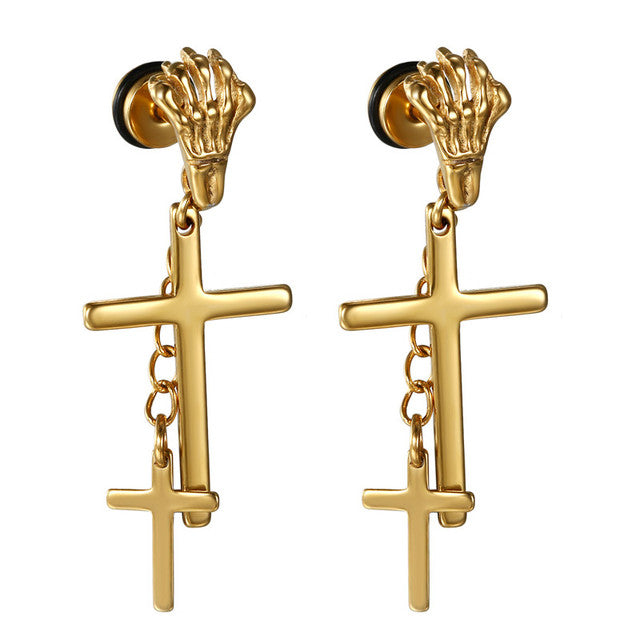 Skull Hand Stainless Steel No Fade Stainless Steel Cross Dangling Screw Back Earrings