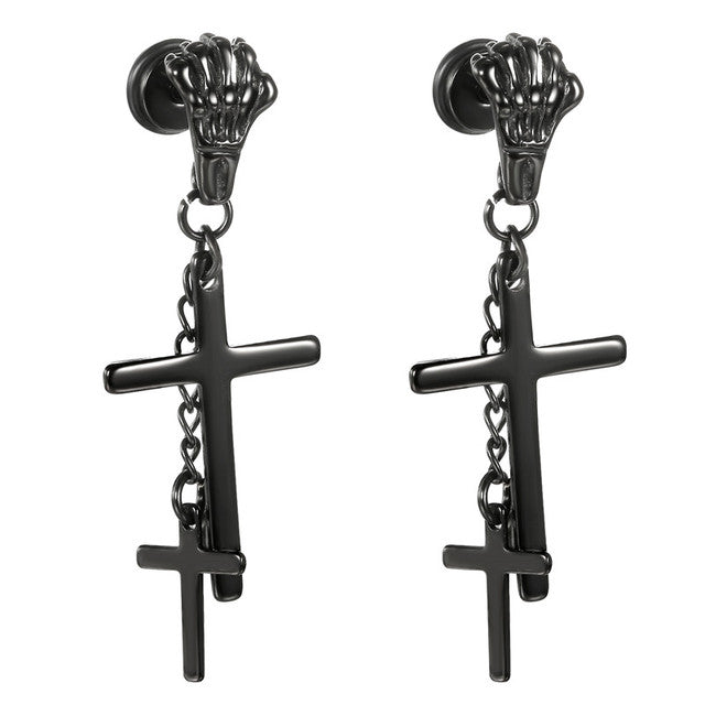 Skull Hand Stainless Steel No Fade Stainless Steel Cross Dangling Screw Back Earrings