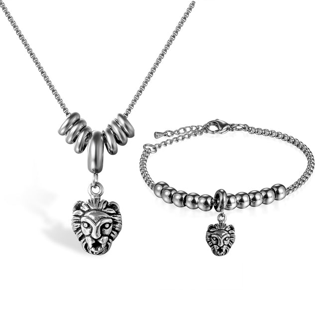 Lion Head Tribal Feathers Stainless Steel Charm Bracelet necklace Chain Sets
