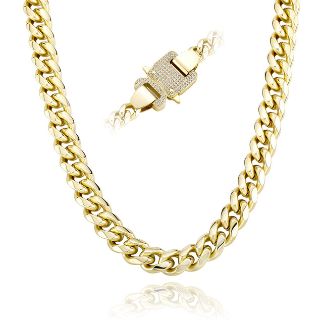 Mens 12mm Iced Spring Clasp 14k Gold Cuban Link Chains
