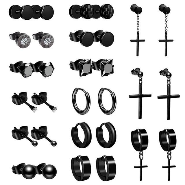 Black No Fade Stainless Steel 15 Pairs Stud Piercing Stud Hoop Dangling Earrings