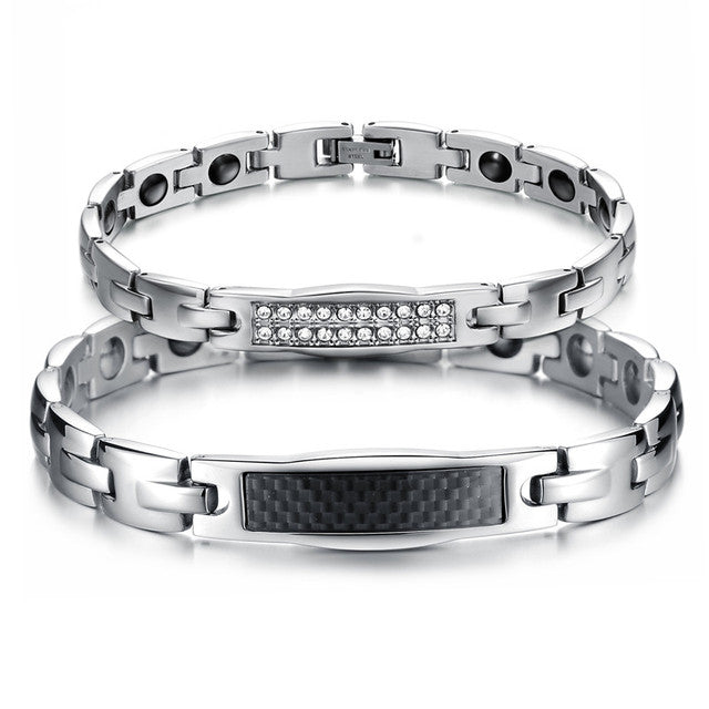 Mens Womens Couples Lover Carbon Fiber Stone No Fade Stainless Steel Bracelets