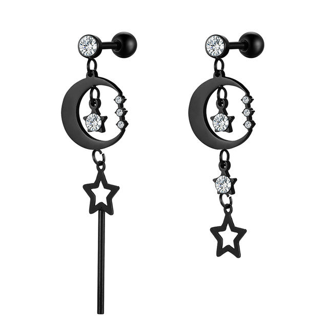 Stainless Steel Moon Star Dangling 14k Gold Silver Bling Earrings