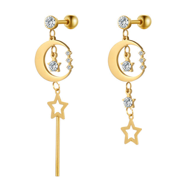 Stainless Steel Moon Star Dangling 14k Gold Silver Bling Earrings