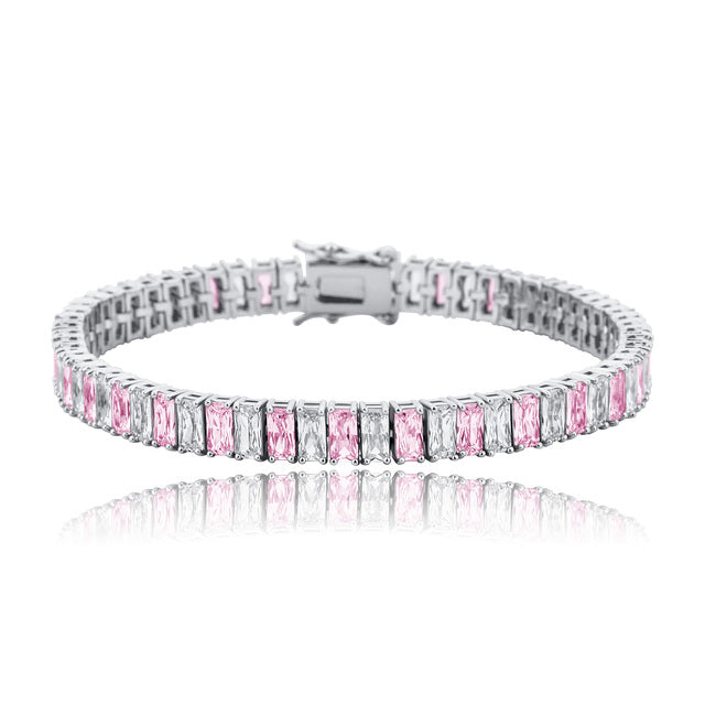 New Ice 8mm Gold Silver Pink Stone Gold Baguette Iced Link Tennis Bracelet