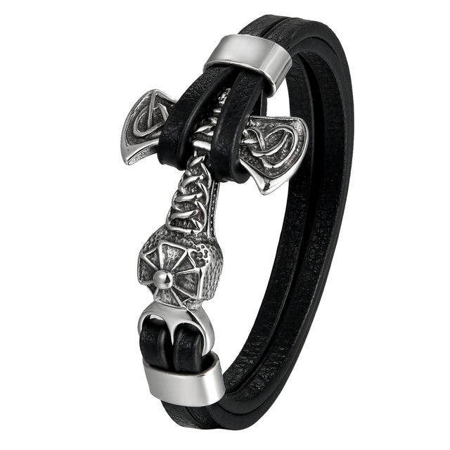 Mens Leather No Fade Stainless Steel Wolf Head Thors Hammer Bracelets
