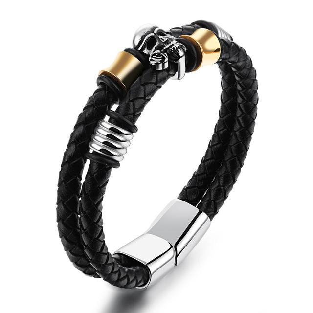 Mens Rose Mouth Skull Pirate Stainless Steel Leather Multilayer Bracelets