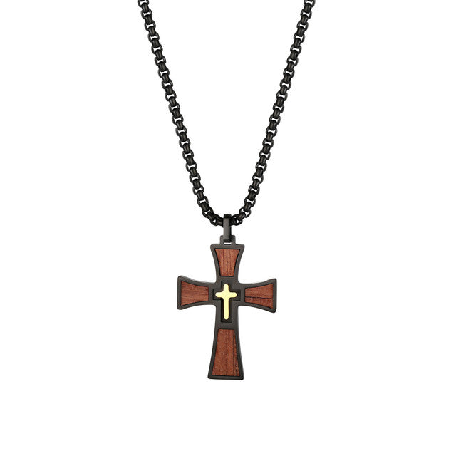 Mens Wooden Stainless Steel Double Cross Crucifix Black silver Gold Pendant Chain Necklace