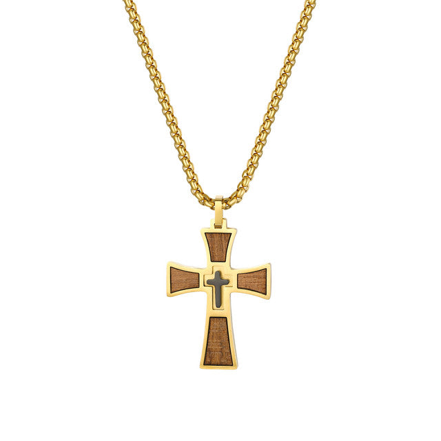 Mens Wooden Stainless Steel Double Cross Crucifix Black silver Gold Pendant Chain Necklace