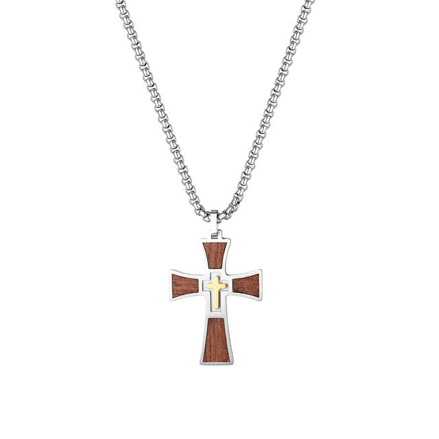 Mens Wooden Stainless Steel Double Cross Crucifix Black silver Gold Pendant Chain Necklace