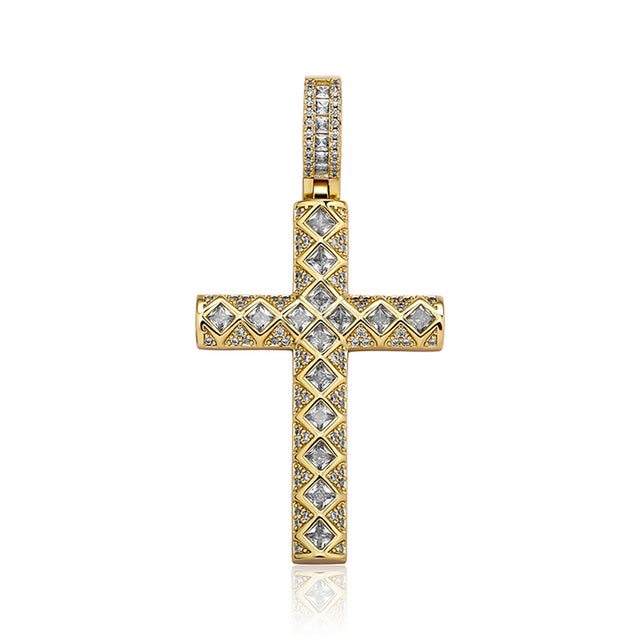 Mens Hip Hop Jagged Baguette 14k Gold 925 Silver Bling Cross pendant Chain Necklace