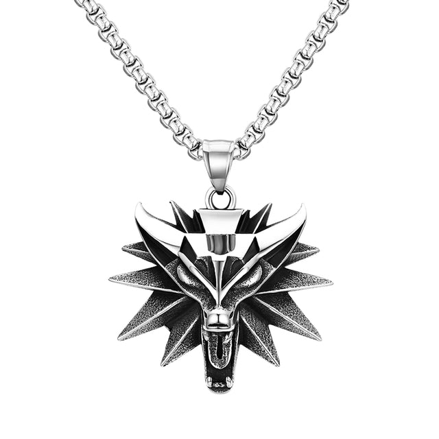 Mens No Fade Stainless Steel Alpha Wolf Vintage Pendant Chain Necklace