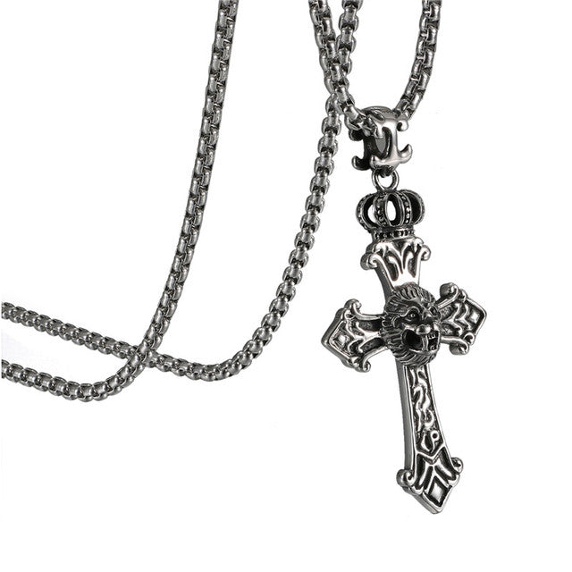 Kings Crown Lion Head No Fade Stainless Steel Cross Pendant Chain Necklace