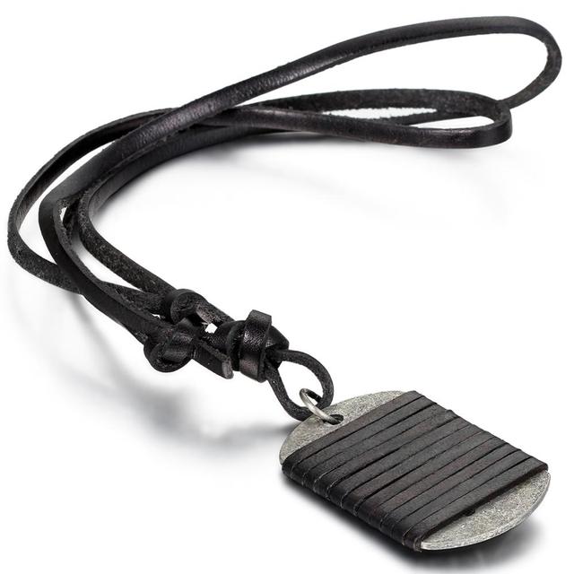 Mens Adjustable Leather Wrap Dog Tag Pendant Chain Necklace