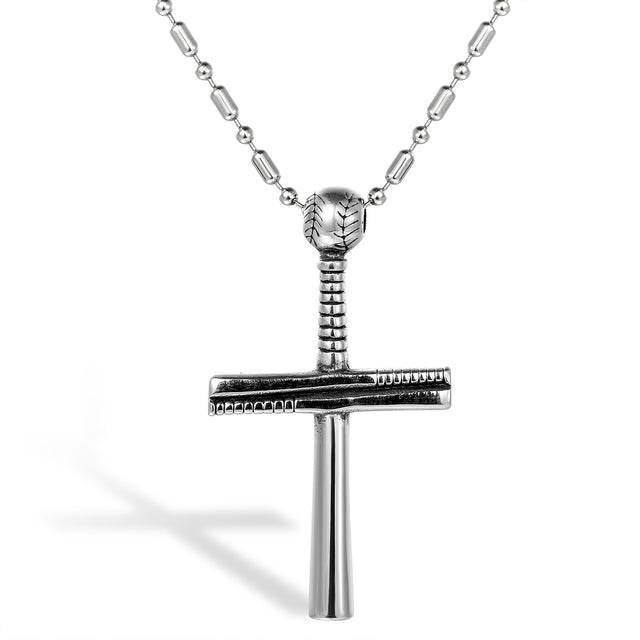 Men's No Fade Stainless Steel Casual Street Wear Baseball Bat Cross Pendant Chain Necklace