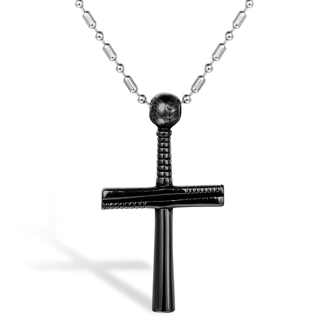 Men's No Fade Stainless Steel Casual Street Wear Baseball Bat Cross Pendant Chain Necklace