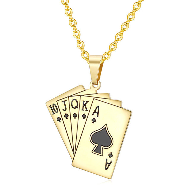 Card Hustler Poker Lucky Flush Gold Silver over No Fade Stainless Steel Pendant Chain