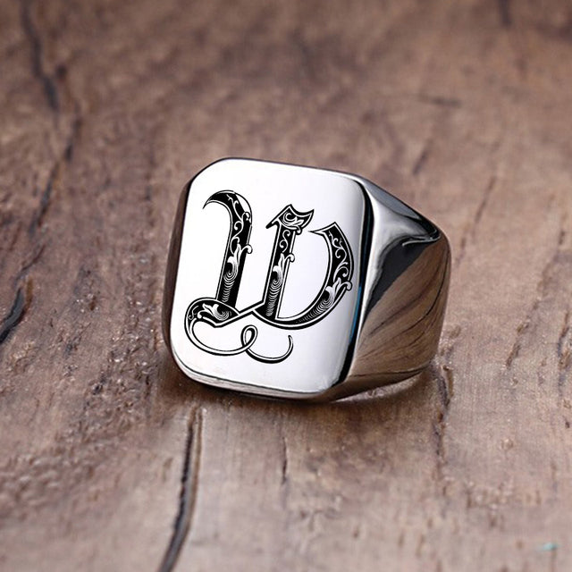 Mens Custom Made No Fade Silver Stainless Old English Letters Initial Ring