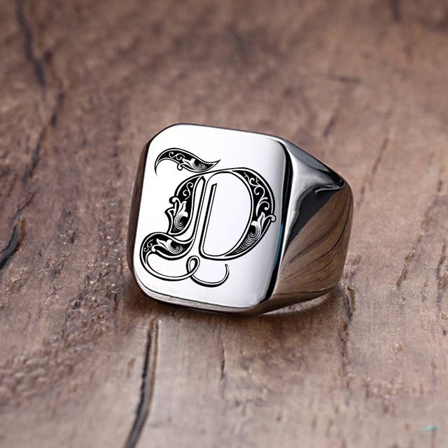 Mens Custom Made No Fade Silver Stainless Old English Letters Initial Ring