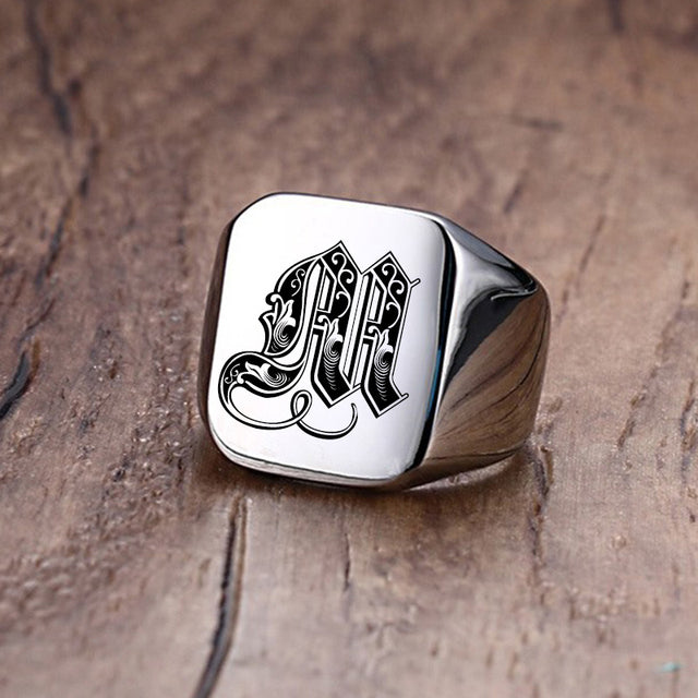Mens Custom Made No Fade Silver Stainless Old English Letters Initial Ring