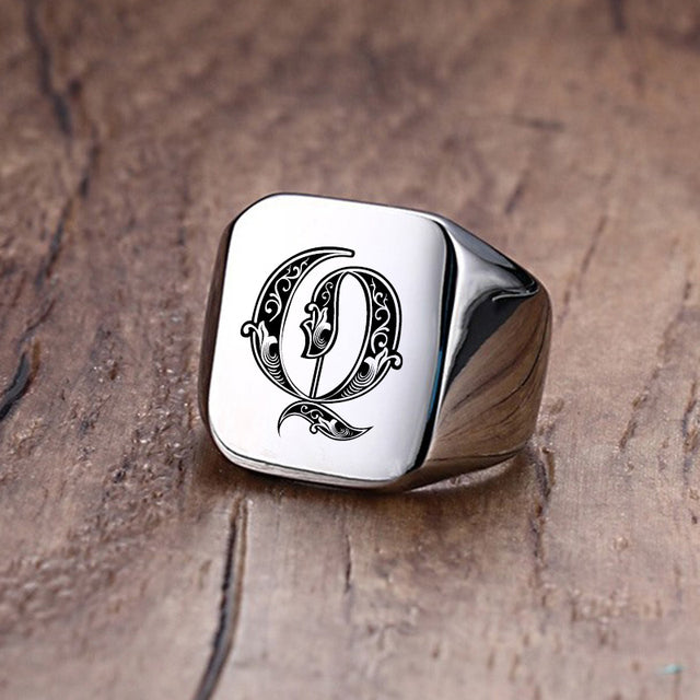 Mens Custom Made No Fade Silver Stainless Old English Letters Initial Ring