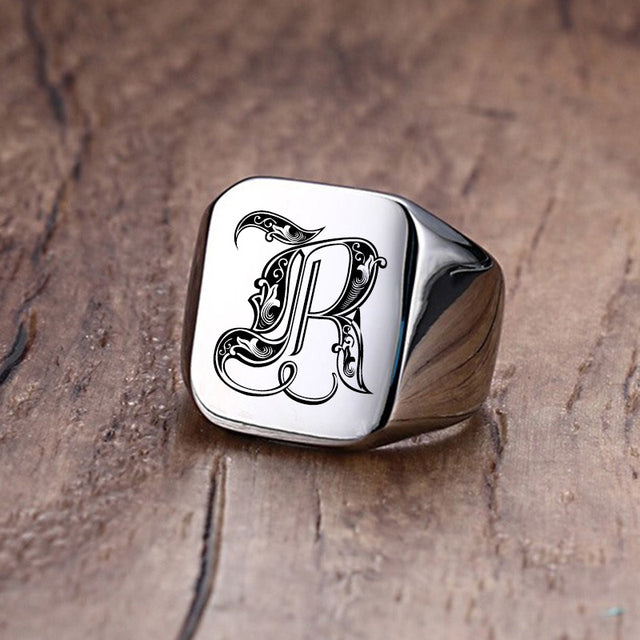 Mens Custom Made No Fade Silver Stainless Old English Letters Initial Ring