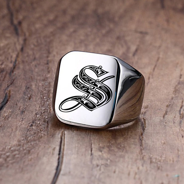 Mens Custom Made No Fade Silver Stainless Old English Letters Initial Ring