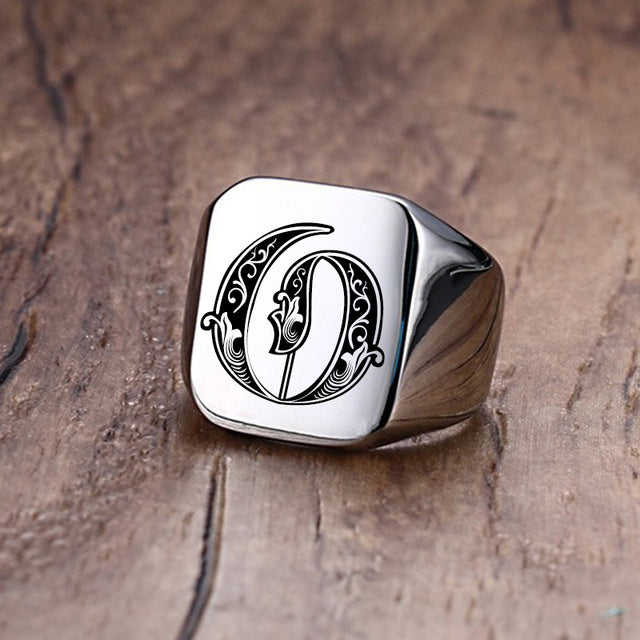 Mens Custom Made No Fade Silver Stainless Old English Letters Initial Ring