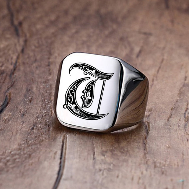 Mens Custom Made No Fade Silver Stainless Old English Letters Initial Ring