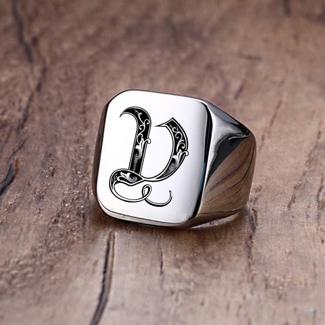 Mens Custom Made No Fade Silver Stainless Old English Letters Initial Ring