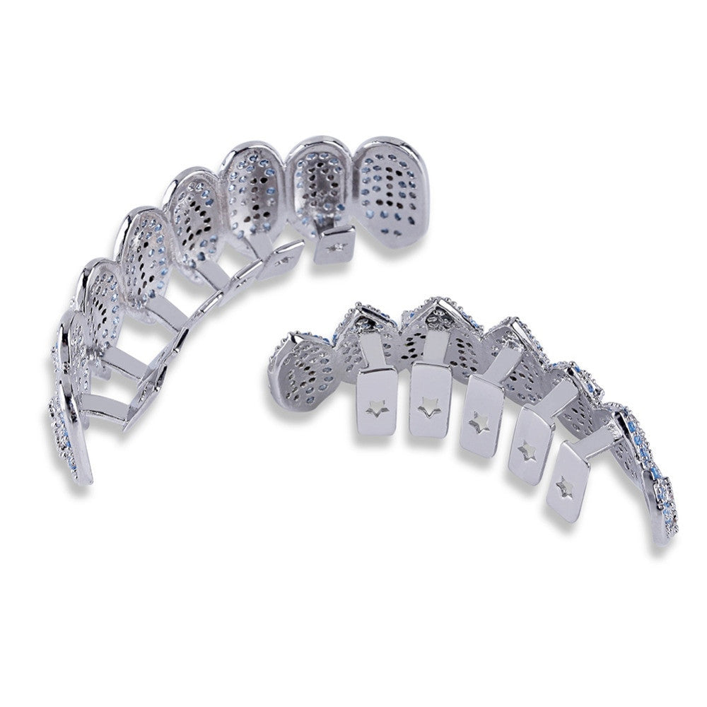 1414 Hip Hop Silver Fangs Teeth Grillz Top Bottom Mouth Grills