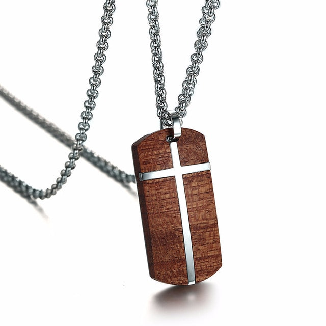 No Fade Stainless Steel Real Rosewood Cross Pendant Chain Necklace