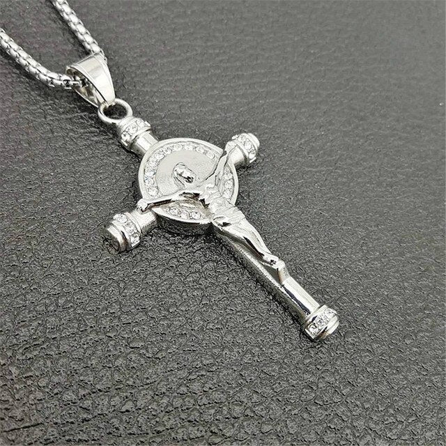 14k Gold Silver Over No Fade Stainless Steel Hip Hop Jesus Cross Pendant Chain Necklace