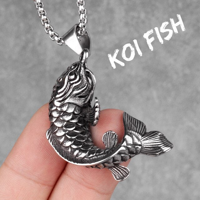Mens Good Luck No Fade Stainless Steel Koi Fish Pendant Chain Necklace
