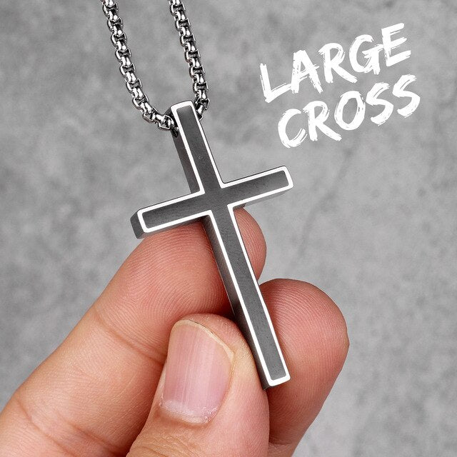 Classic No Fade Silver Stainless Steel Block Cross Pendant Chain Necklace