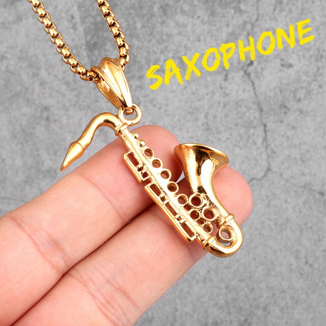 Saxophone | 14k Gold Silver Over No Fade Stainless Steel Slick Musician Pendant