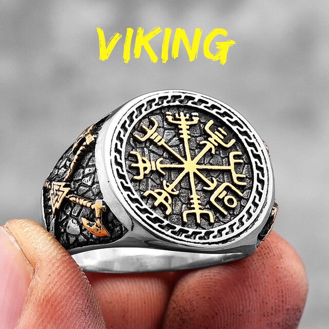Mens No Fade Stainless Steel Viking Pirate Ax Stainless Steel Gold Accented Rings