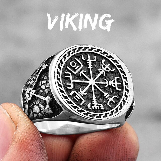 Mens No Fade Stainless Steel Viking Pirate Ax Stainless Steel Gold Accented Rings