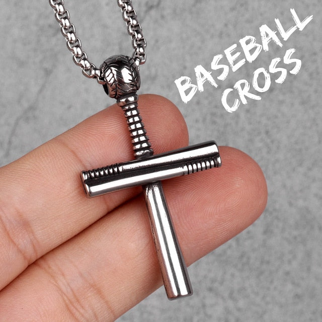 Mens No Fade Silver Stainless Steel Baseball Bat Cross Pendant Chain Necklace