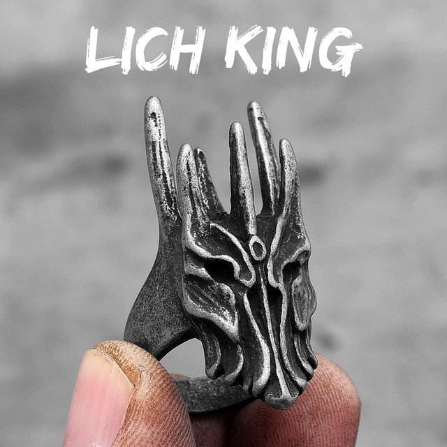 Ice Crown Stainless Steel Mens No Fade Lich King Skull Mask Rings
