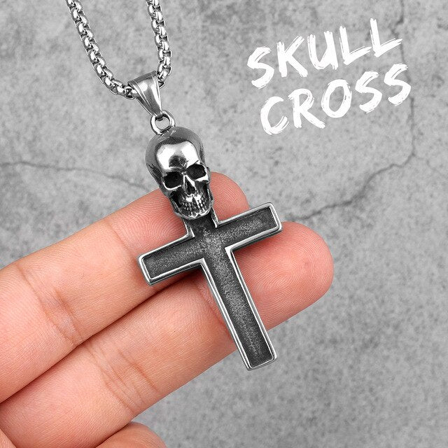 Skull Cross | Mens Silver No Fade Stainless Steel Street Wear Pendant Chain Necklace