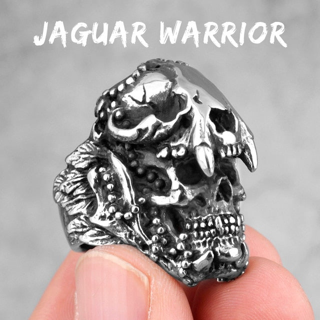 Mens No Fade Stainless Steel Jaguar Warrior Skull Vintage Street Wear Rings