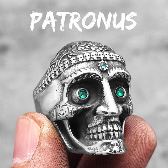 Mens Stainless Steel Carved Gemstone Crystal Skull Bling Street Wear Rings