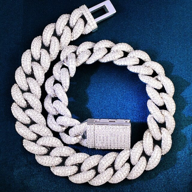 19mm Mens Flooded Ice Prong Set Iced Clasp Miami Cuban Link Chain Necklace