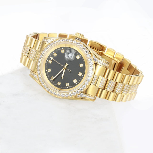 Mens Half Ice Presidential Iced Bezel Gold over Stainless Steel Casual Hip Hop Street Wear Watch