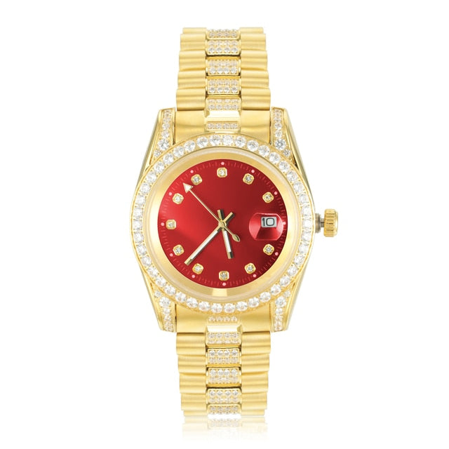 Mens Half Ice Presidential Iced Bezel Gold over Stainless Steel Casual Hip Hop Street Wear Watch